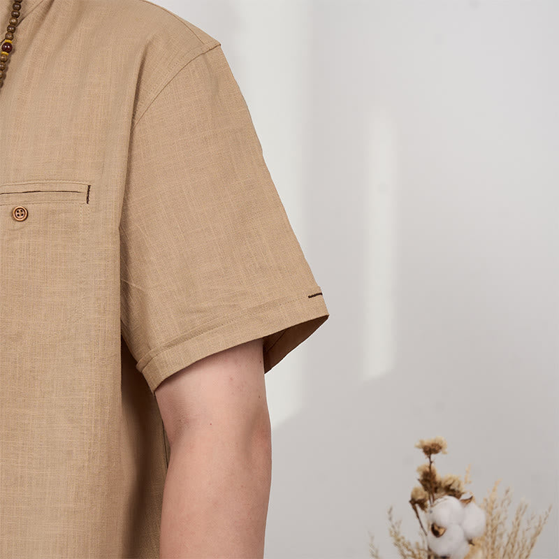 Men's Solid Color Button Short Sleeve Cotton?Linen Polo Shirt