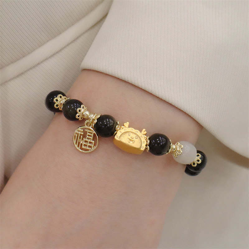 Year Of The Dragon Red Agate Strawberry Quartz Black Obsidian Jade Garnet Pearl Cinnabar Dumpling Dragon Luck Fu Character Bracelet