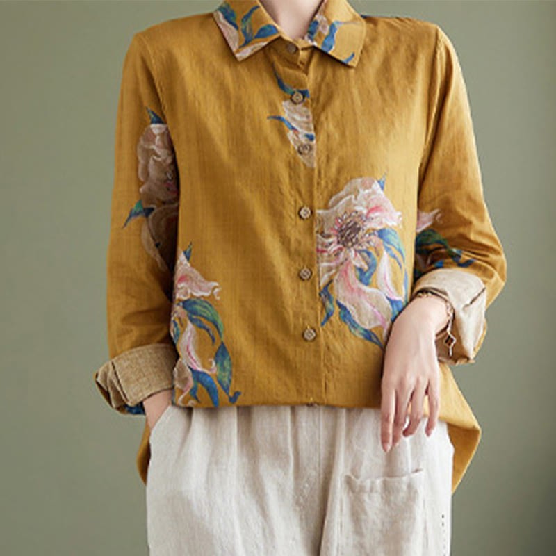Literary Artistic Flower Print Cotton Linen Clothing