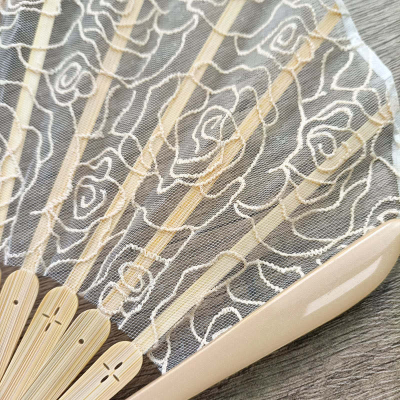 Rose Embroidery Lace Shell Shape Tassels Handheld Bamboo Folding Fan
