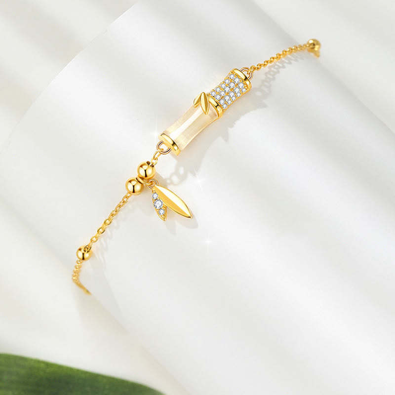 925 Sterling Silver 18K Gold Plated White Jade Bamboo Zircon Leaf Luck Bracelet