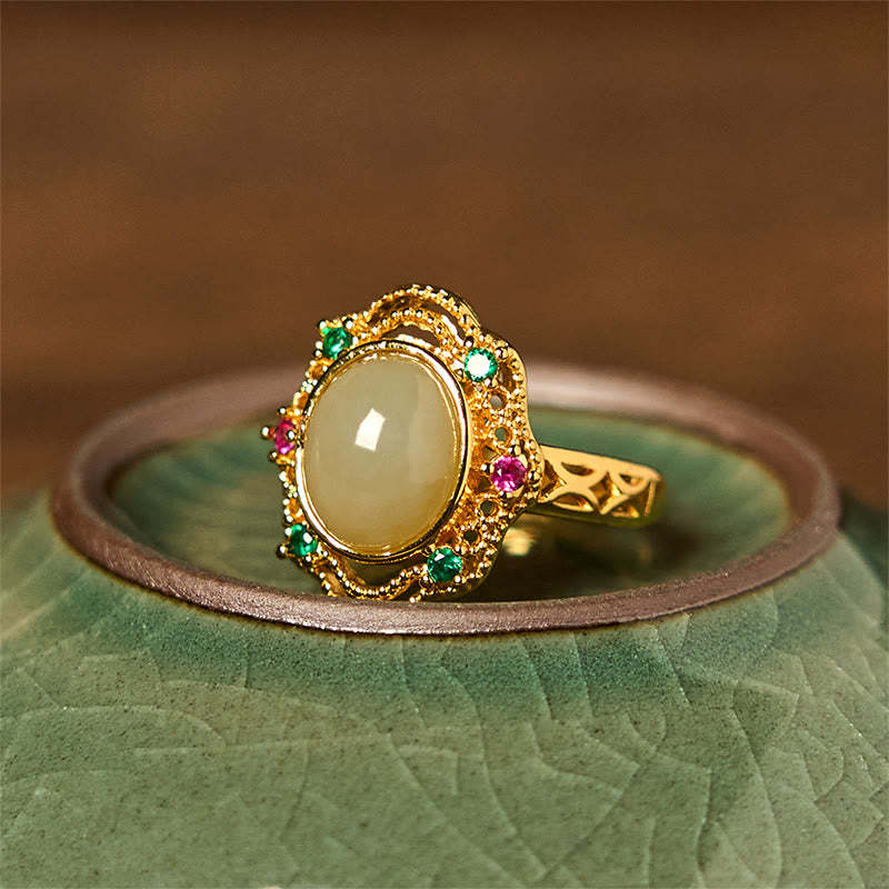 Natural Hetian Jade Egg Hollow Pattern Copper Open Luck Ring