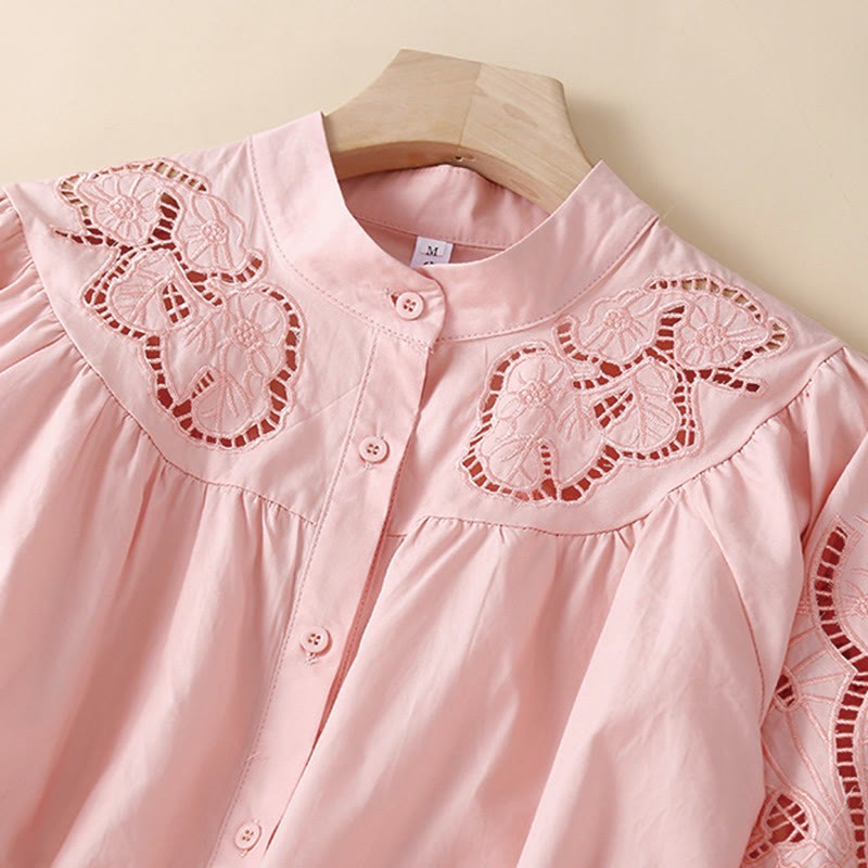 Casual Embroidery Flower Hole Design Three Quarter Sleeve Cotton Linen Women's Shirt