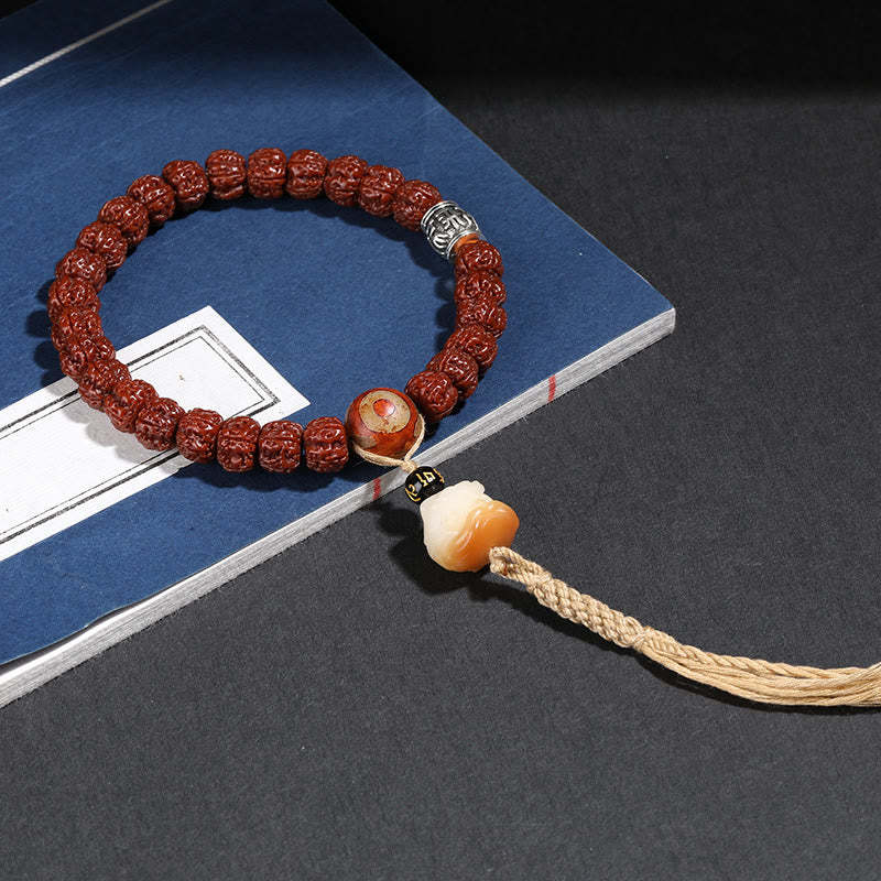 Tibet Rudraksha Bodhi Seed Dzi Bead Lucky Cat Dancing Lion Wealth Bracelet Wrist Mala