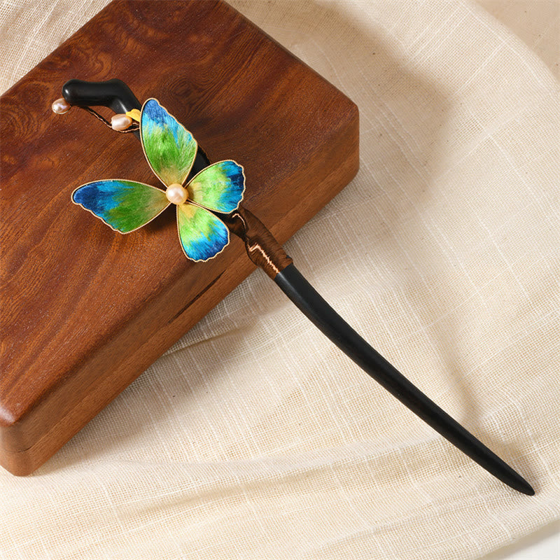 Intangible Cultural Heritage Craft Ebony Wood Silk Flower Butterfly Pearl Blessing Hairpin