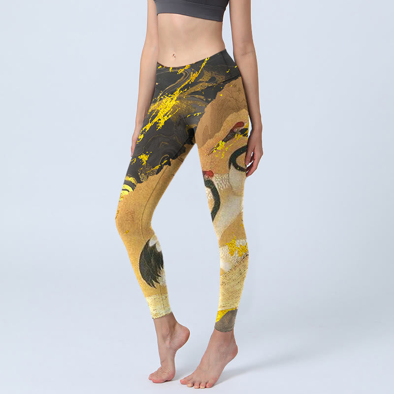 Rock Pine Tree Red-crowned Crane Pattern Print Gym Leggings Women's Yoga Pants