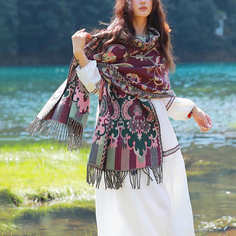 Tibetan Flowers Leaves Branch Design Tassel Shawl Cozy Travel Scarf Wrap