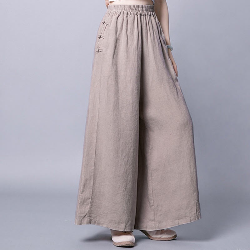 Casual Cotton Frog-Button High Waist Wide Leg Pants With Pockets