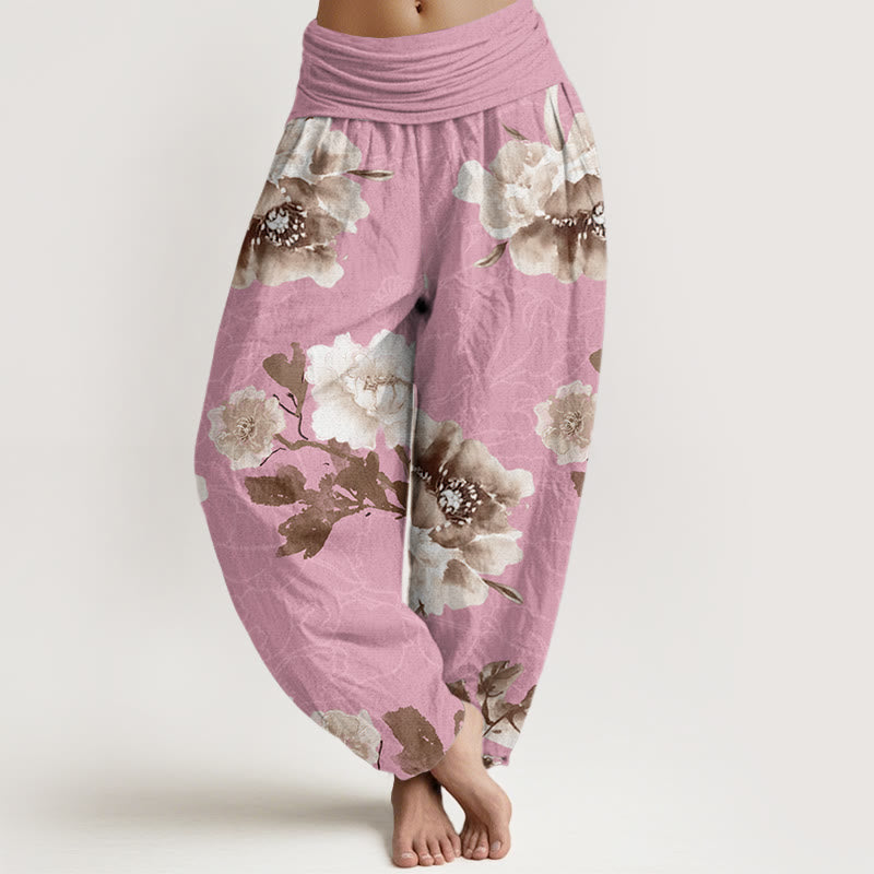 Folwers With Leaves Pattern Women's Elastic Waist Harem Pants