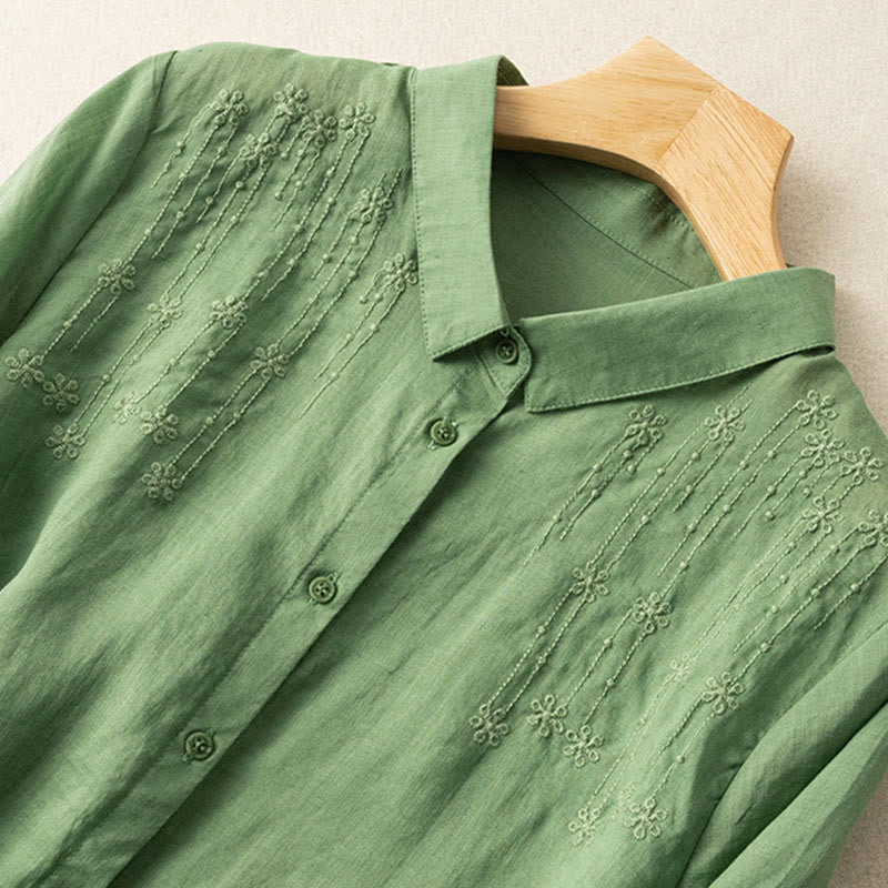 Casual Women's Embroidery Standing Collar Half Sleeve Design Cotton Linen Shirt