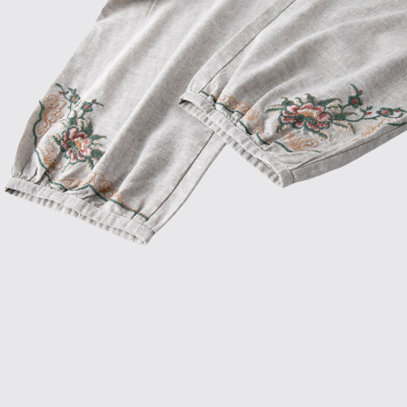 Casual Flower Embroidery Women's Cotton Linen Pants With Pockets