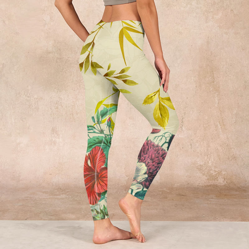 Golden Green Leaves Colorful Flowers Gym Leggings Women's Yoga Pants