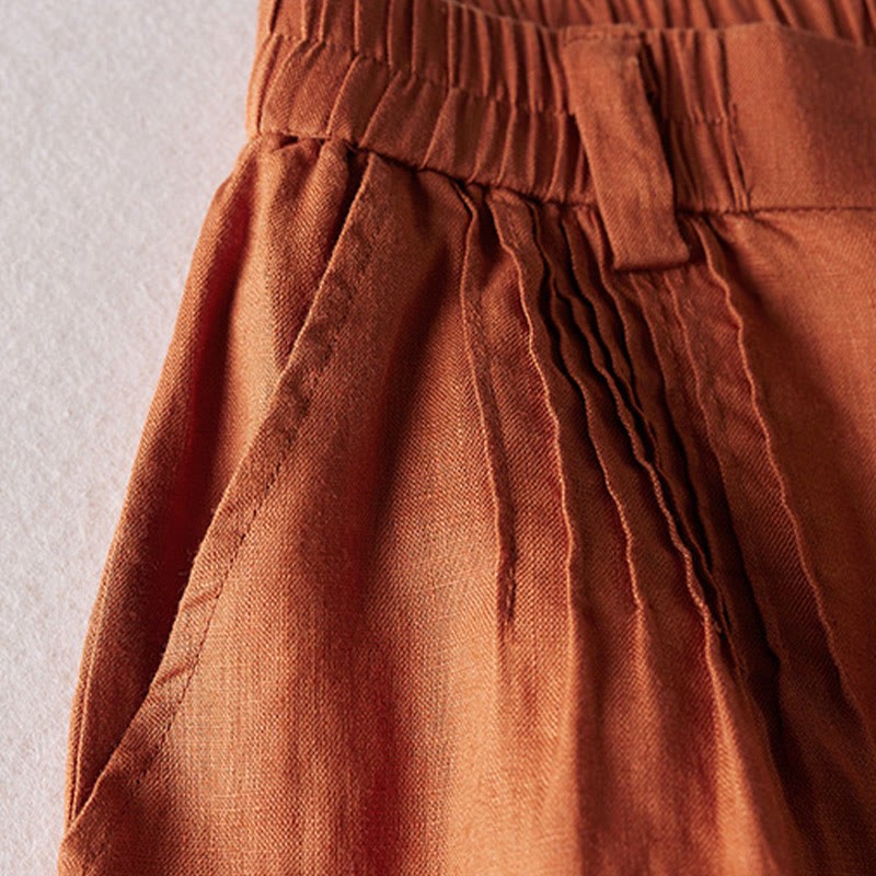 Summer Daily Simple Wrinkle Design Cotton Linen Women's Shorts With Pockets