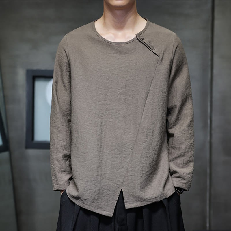 Fall Solid Round Neck Long Sleeve T-Shirt Cotton Men Clothing