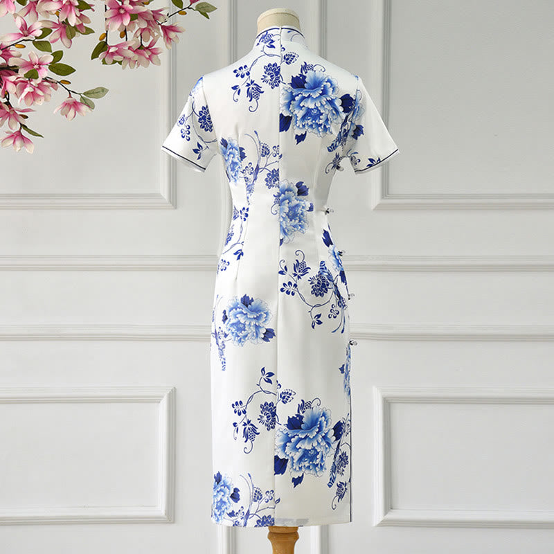 Blue And White Porcelain Color Peony Flower Pattern Cheongsam Dress Women's Qipao Dress