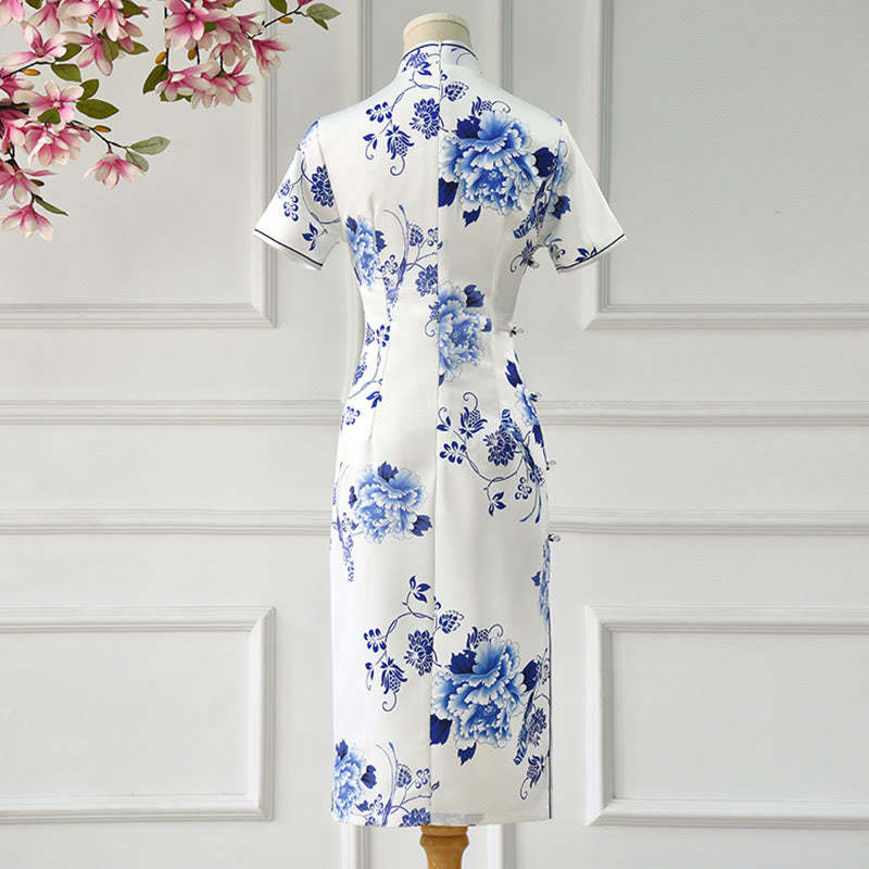 Blue And White Porcelain Color Peony Flower Pattern Cheongsam Dress Women's Qipao Dress
