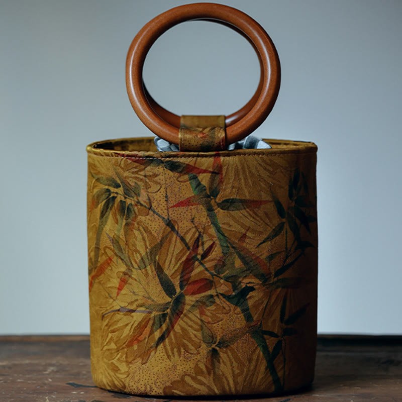 Bamboo Leaf Butterfly Cherry Blossom Persimmon Wood Handle Handbag