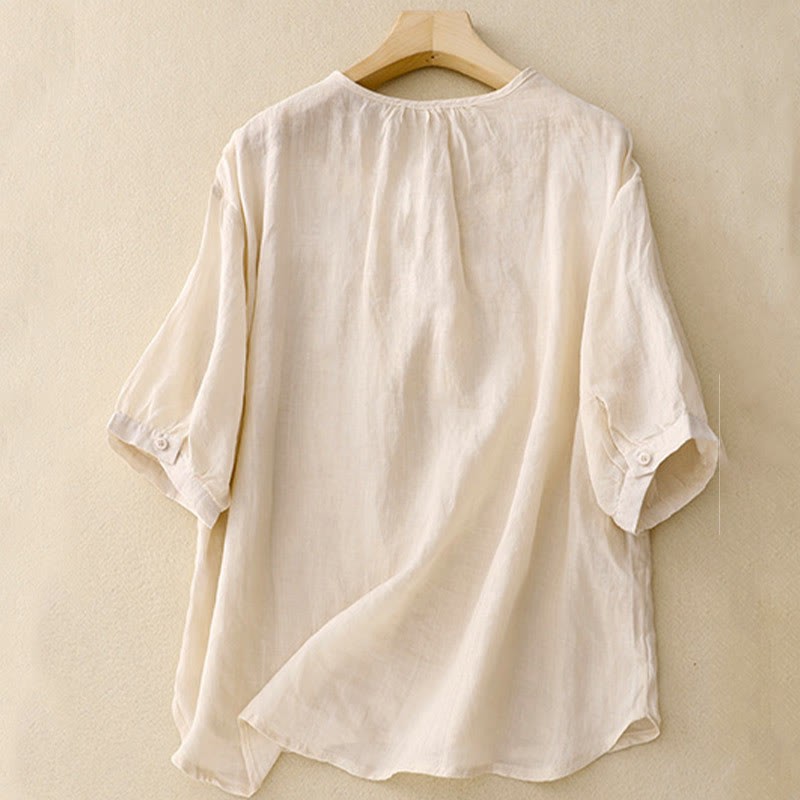 Casual Women's Plain Frog Buckle Design Half Sleeve Cotton Linen Shirt