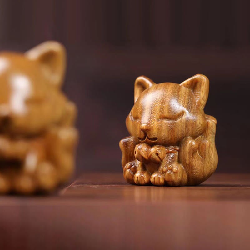 Mini Nine-Tailed Fox Ivory Fruit Sandalwood Green Sandalwood Blessing Decoration
