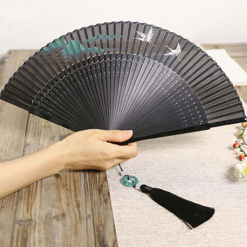 Retro Mountain River Crane Silk Handheld Bamboo Folding Fan