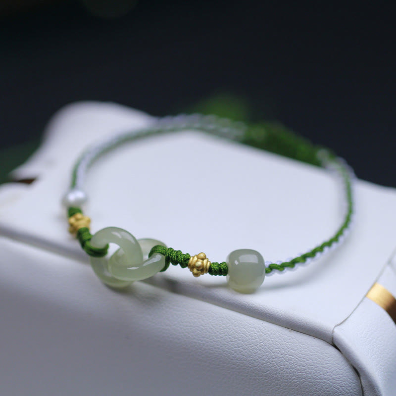 925 Sterling Silver Hetian Jade Double Peace Buckle Luck Braided Bracelet