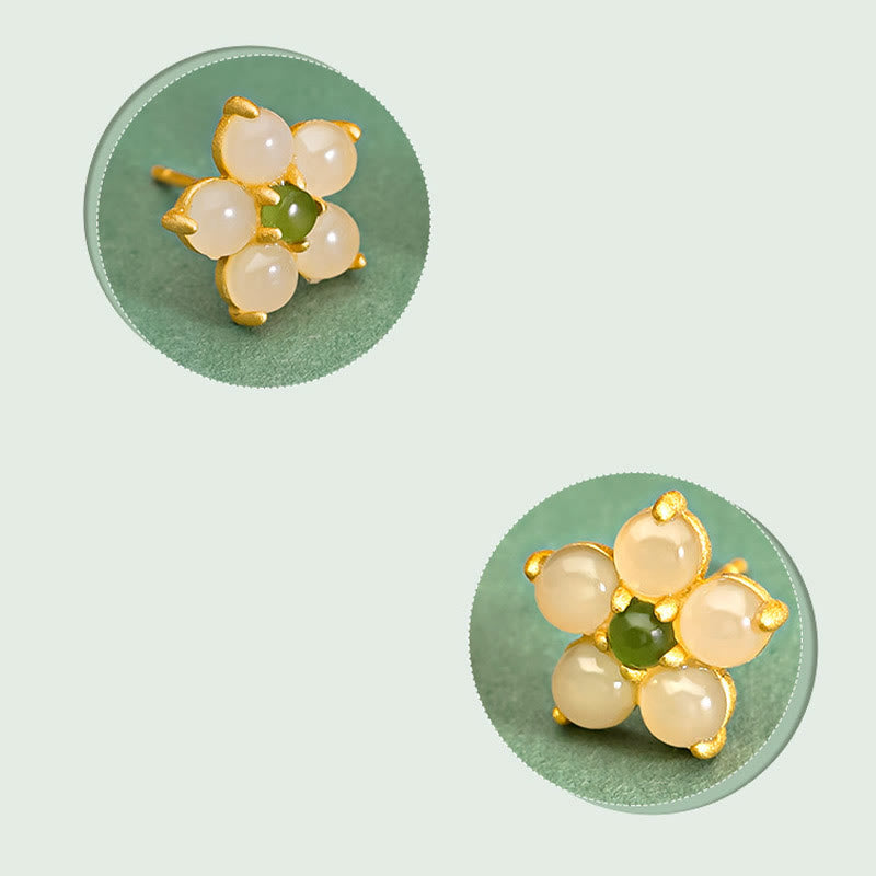 925 Sterling Silver Hetian Jade Luck Flower Stud Earrings