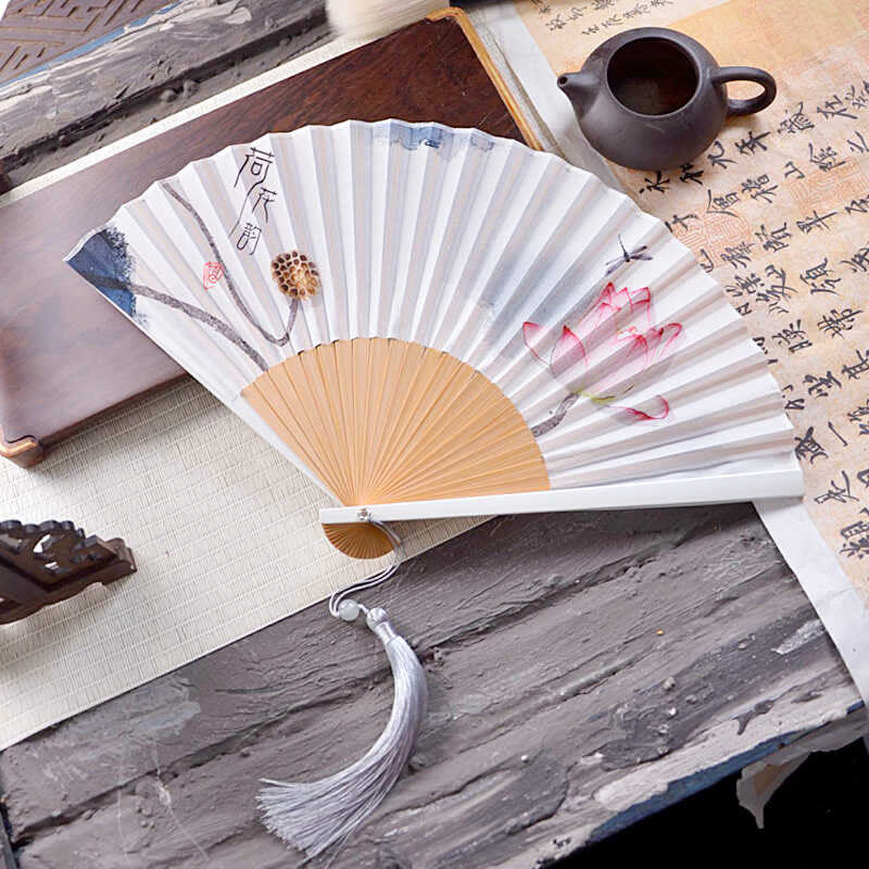 Chinese Characters Ink Painting Lotus Flower Leaf Landscape Handheld Huayao Crepe Polyester Bamboo Folding Fan 23.3cm