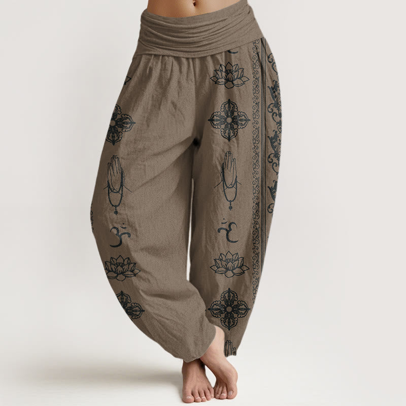 Lotus Flowers Double Dorje Vajra Namaste Om Design Women's Elastic Waist Harem Pants