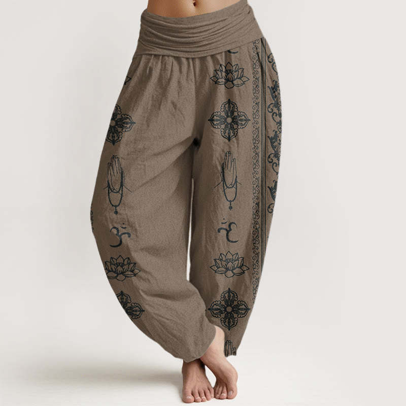 Lotus Flowers Double Dorje Vajra Namaste Om Design Women's Elastic Waist Harem Pants