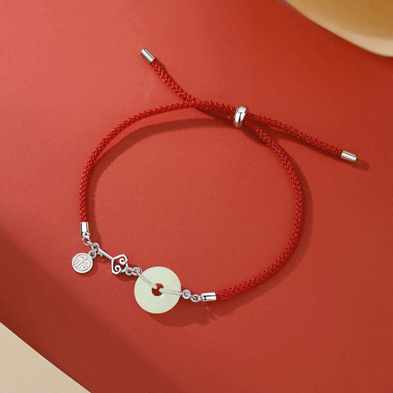 Natural Hetian Jade Peace Buckle 925 Sterling Silver Red String Fu Character Protection Luck Bracelet