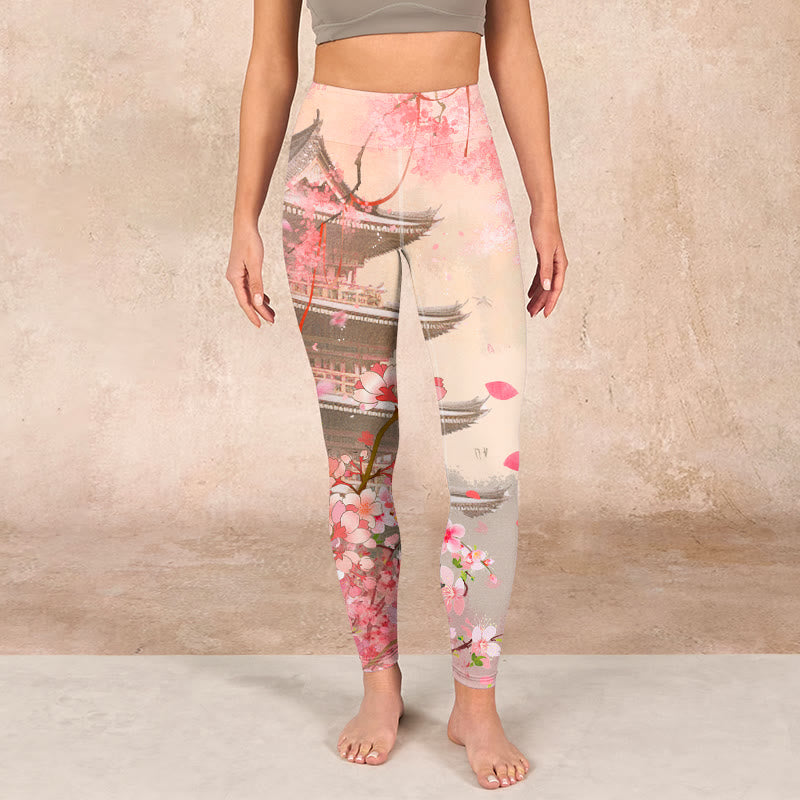 Pink Sakura Antique Building Print Fitness Leggings Women's Yoga Pants
