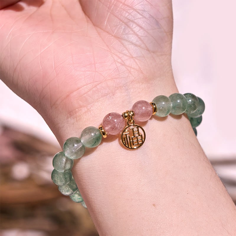 Natural Green Strawberry Quartz Soothing Fu Character Bracelet