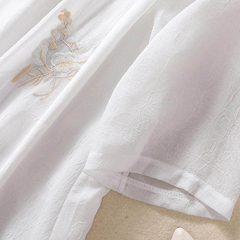 Embroidery Plants Flower Half Sleeve Plain Frog-Button Stand Collar Women's Shirt