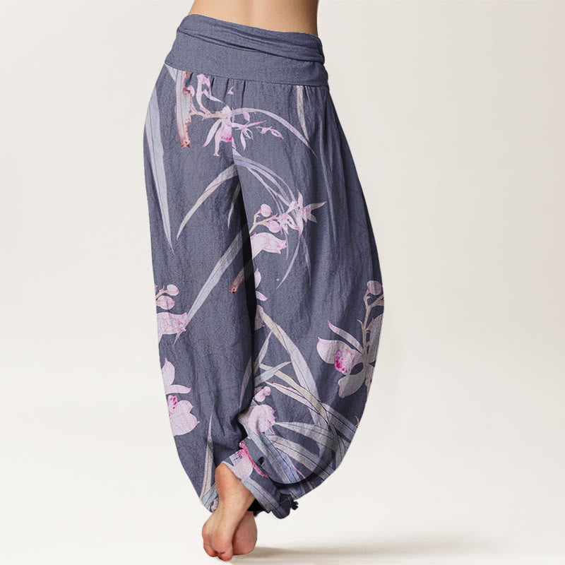 Weeds Plant Wilting Flowers Pattern Women's Elastic Waist Harem Pants