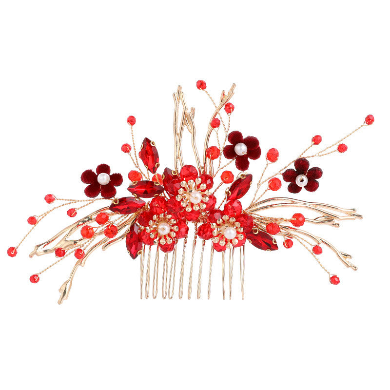 Chinese Wedding Golden Red Flower Branche Hair Comb