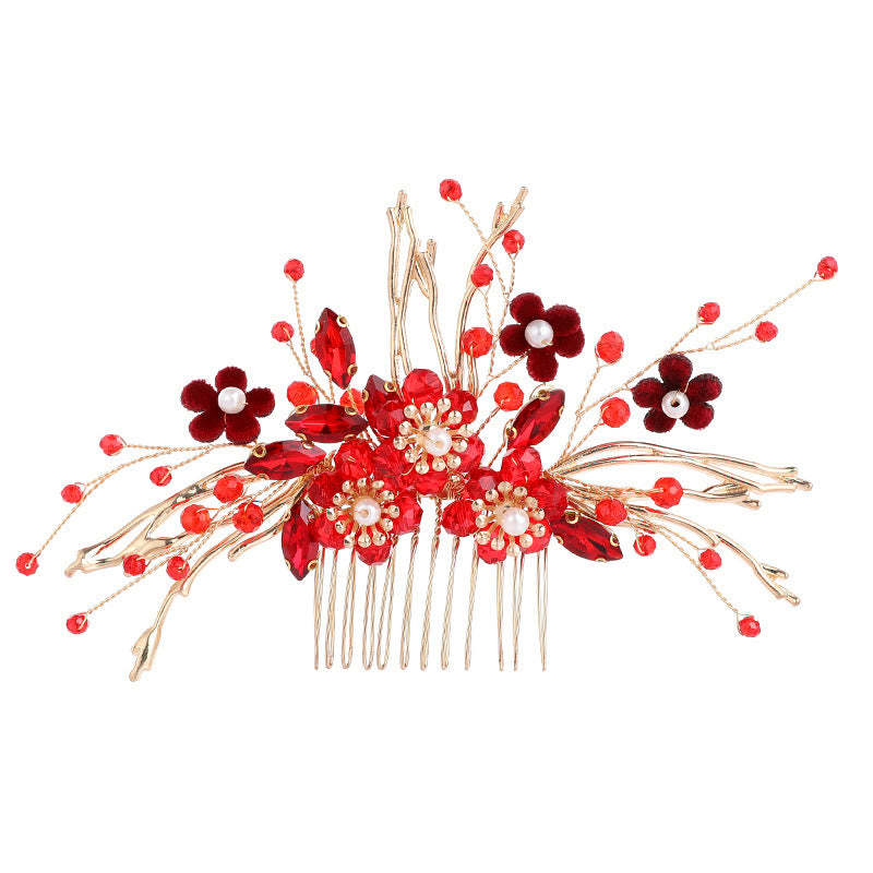 Chinese Wedding Golden Red Flower Branche Hair Comb