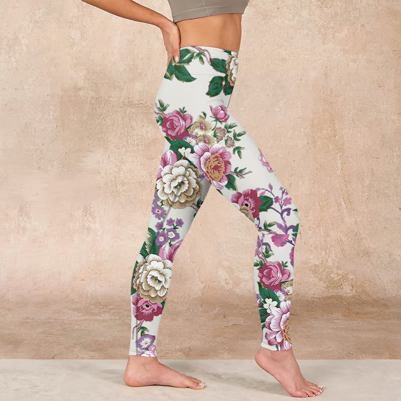 Red White Peony Flower Print Sports Leggings Women's Yoga Pants