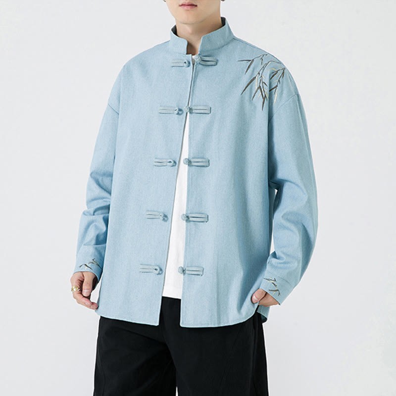 Bamboo Leaves Design Frog-button Tang Suit Cotton Men's Jacket Shirt