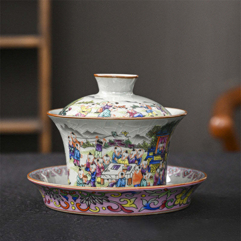 Jingdezhen Dragon Phoenix Pavilion Pine Flower Ceramic Gaiwan Sancai Teacup Kung Fu Tea Cup And Saucer With Lid 170ml