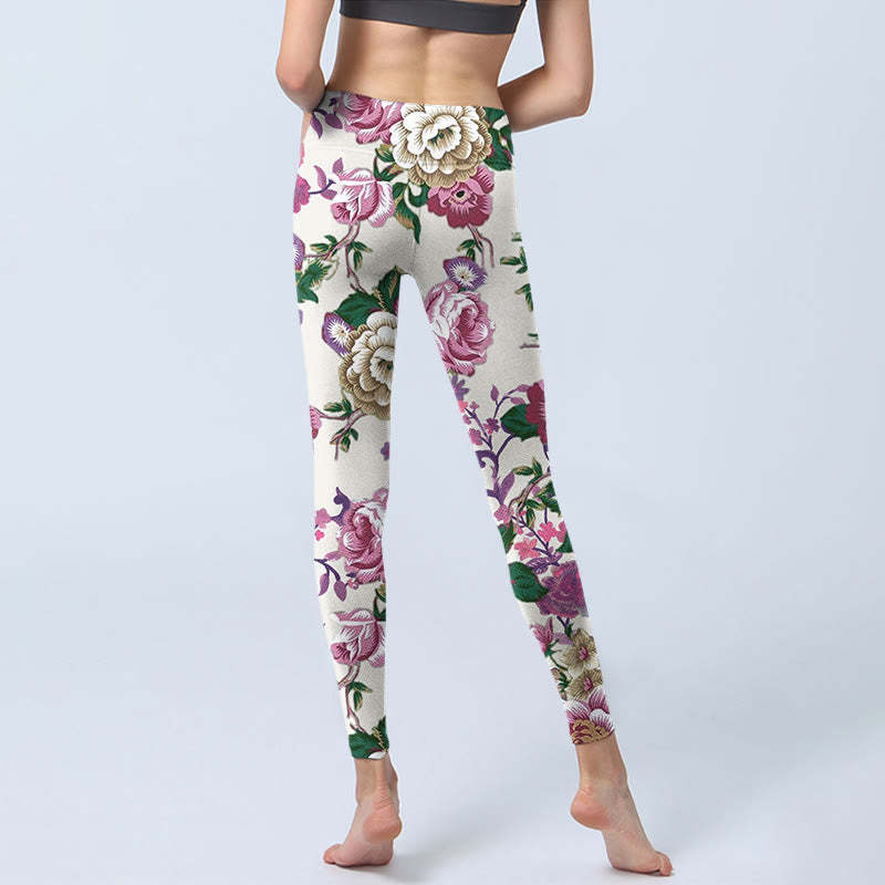 Red White Peony Flower Print Sports Leggings Women's Yoga Pants