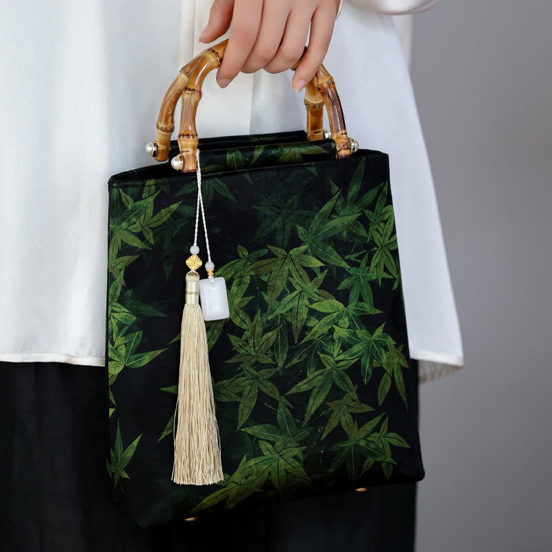 Bamboo Leaves Butterfly Koi Fish Bamboo Handles Handbag