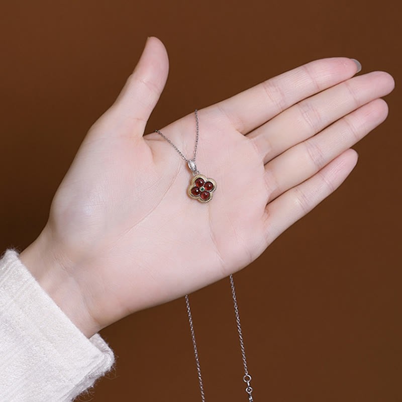 925 Sterling Silver Natural Garnet Four-leaf Clover Protection Necklace Pendant Ring