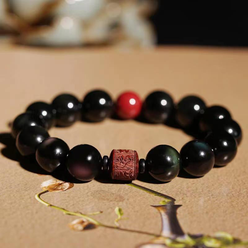 Natural Gold Sheen Obsidian Rainbow Obsidian Om Mani Padme Hum Fu Character Healing Bracelet