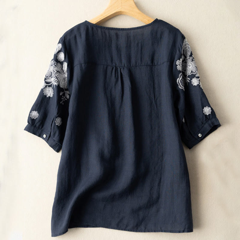Casual Embroidered Petals Women's Crew Neck Design Half Sleeve Cotton T-Shirt