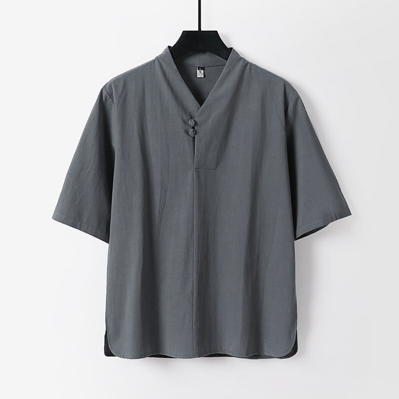 Casual Plain Color Two Buttons Three Quarter Sleeve Cotton Linen Men's Shirt