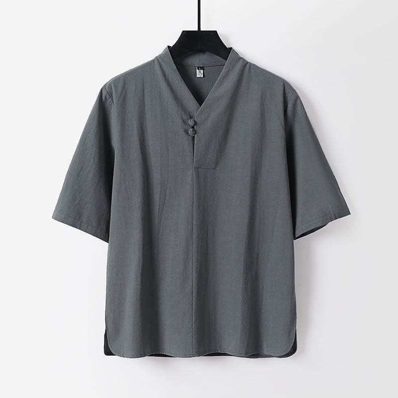 Casual Plain Color Two Buttons Three Quarter Sleeve Cotton Linen Men's Shirt