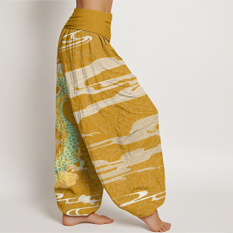 Casual Dragon Auspicious Clouds Pattern Women's Elastic Waist Harem Pants