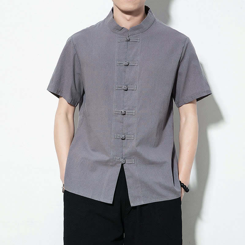 Casual Solid Color Front Frog Buttons Chinese Tang Suit Short Sleeve Linen Men's Shirt