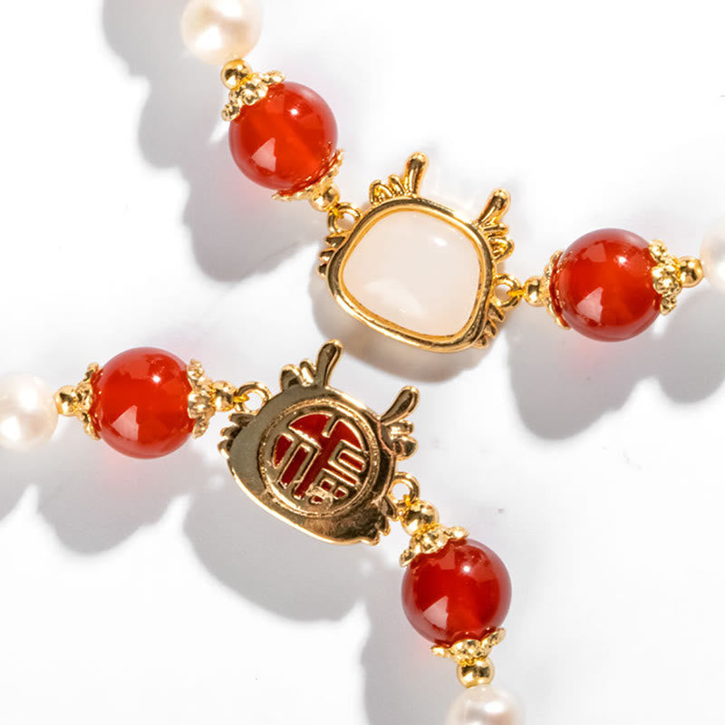 14K Gold Plated Year Of The Dragon Natural Red Agate Pearl Protection Fu Character Chain Bracelet (Extra 30% Off | USE CODE: FS30)