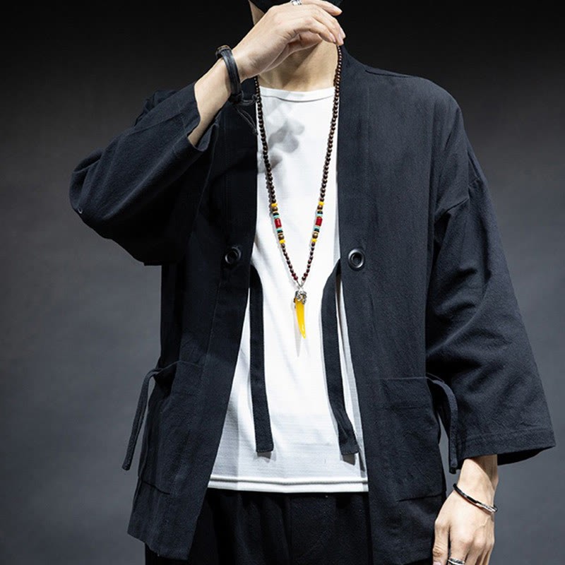 Solid Color Lace-up Open Front Jacket Cotton Men's Kimono